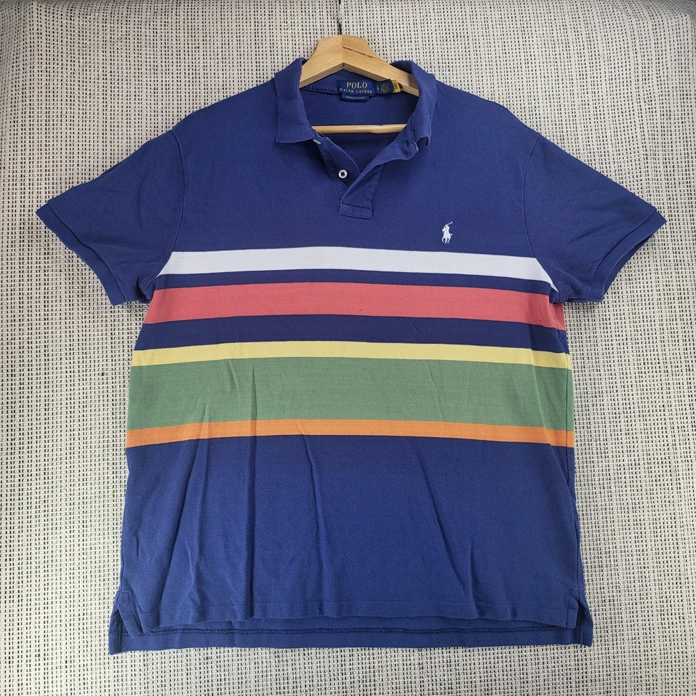 Polo Ralph Lauren Polo Shirt Mens Large Blue Custom Slim Fit Multicolor Striped‎